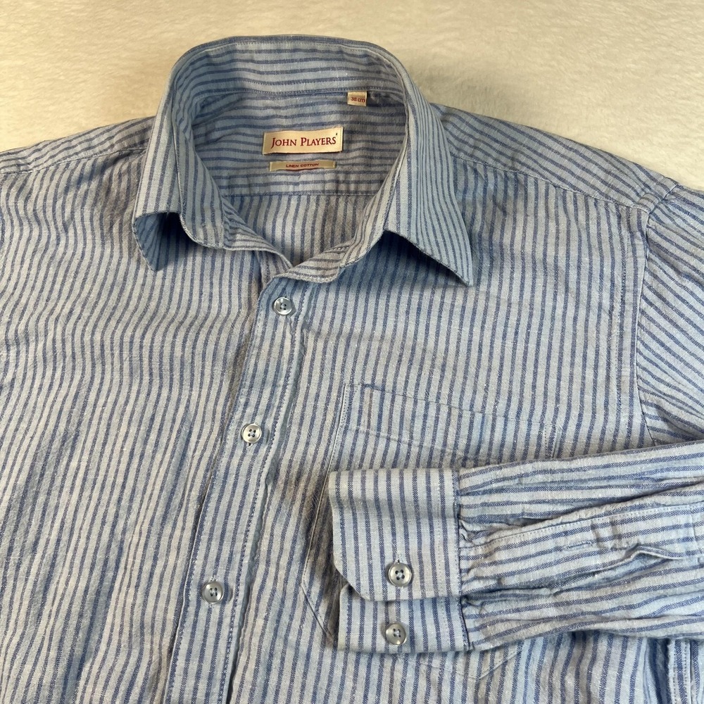 John Players Shirt Mens M Blue Stripe Linen Cotton Long Sleeve Button Up